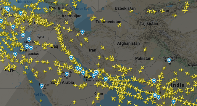 Iranian airspace on June 21, around 6 PM UTC. Image: Flightradar24