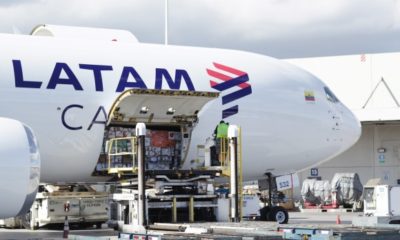 Freight is loaded onto a LATAM Cargo plane