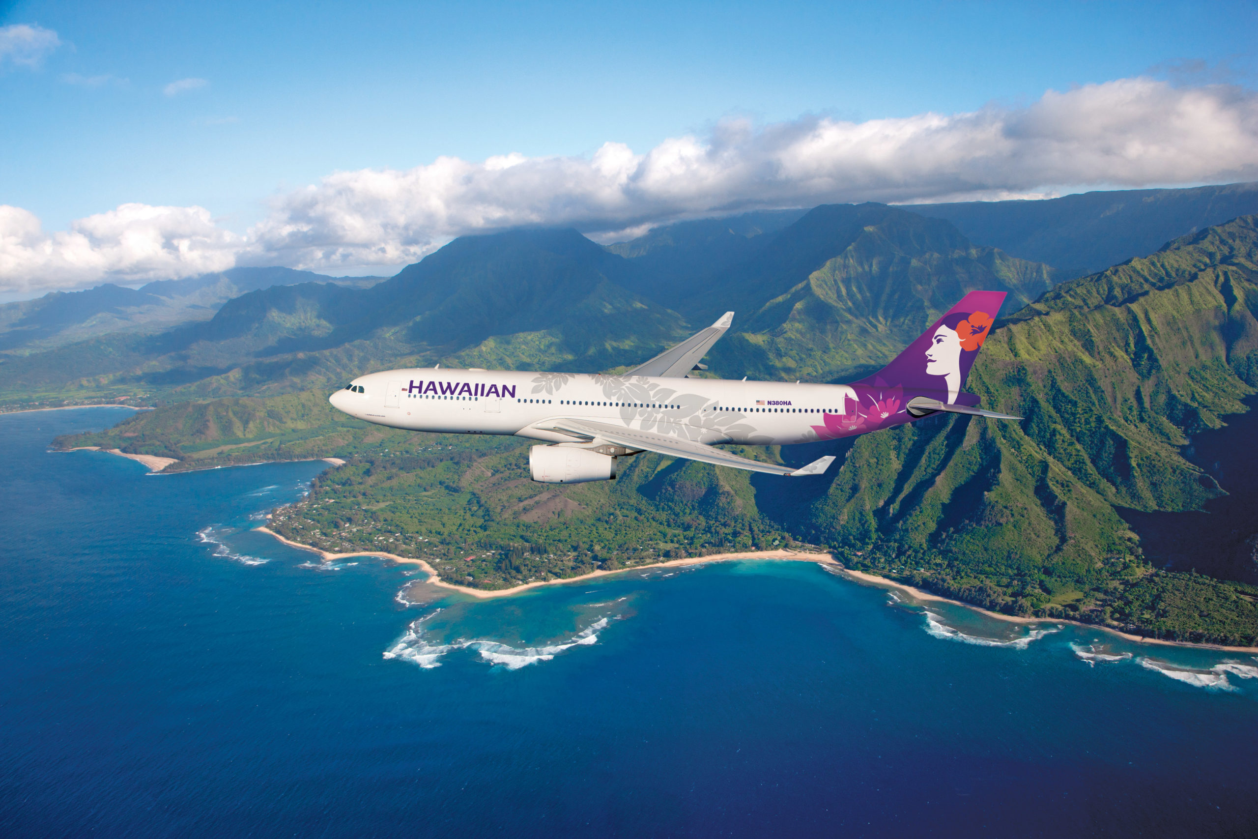 Hawaiian Airlines A330 with island in background