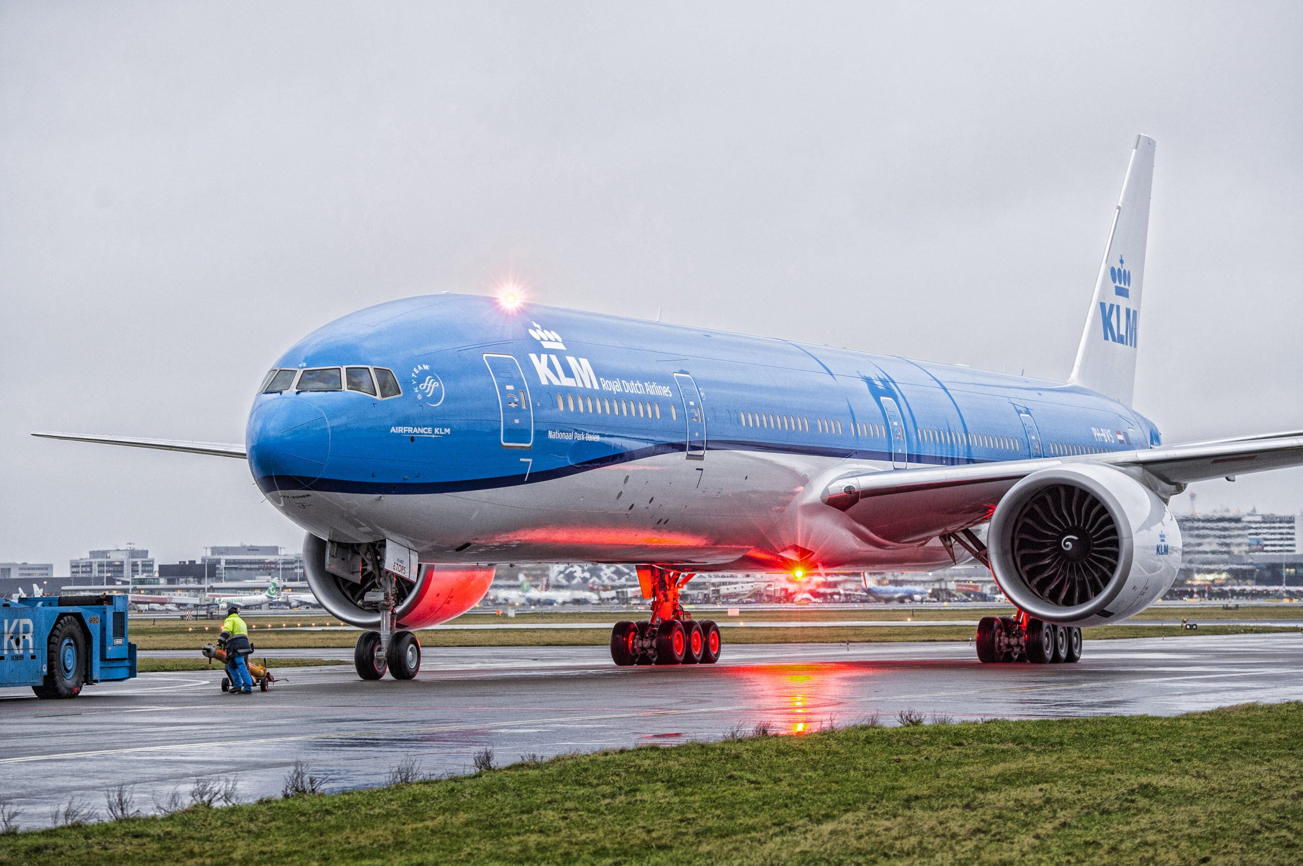 A KLM 777-300 arrives at Amsterdam Schiphol Airport. Photo courtesy of KLM.