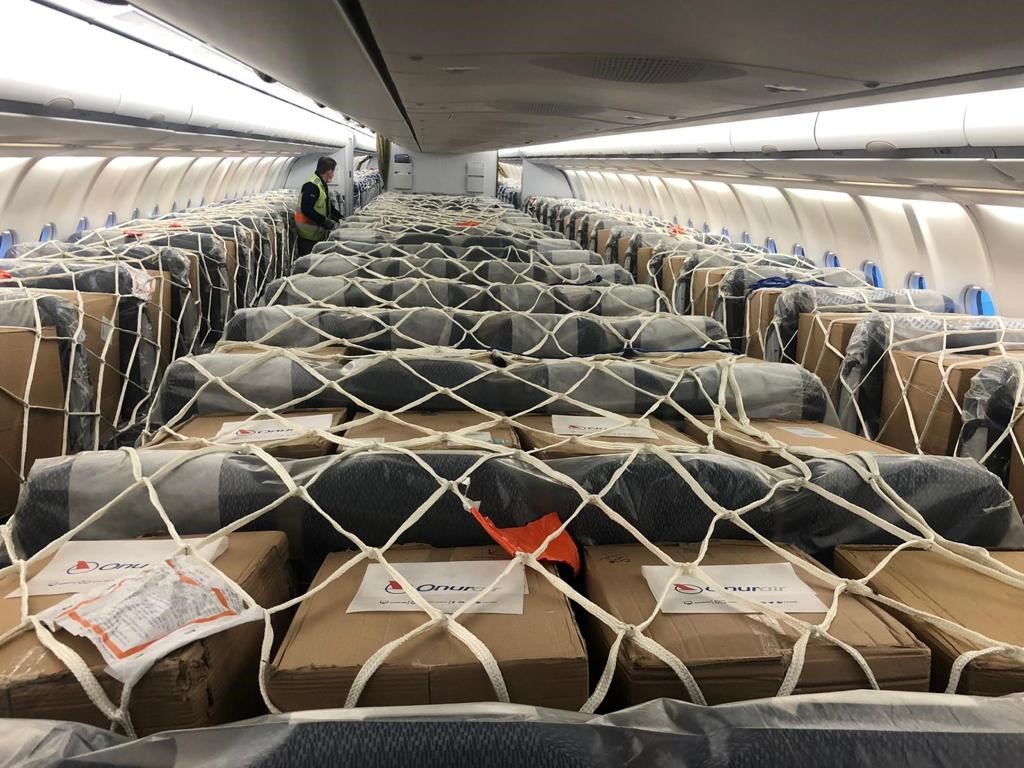 Cargo bound for the New York's JFK Airport is secured on seats aboard Onur Air's A330. Photo courtesy of Onur Air.
