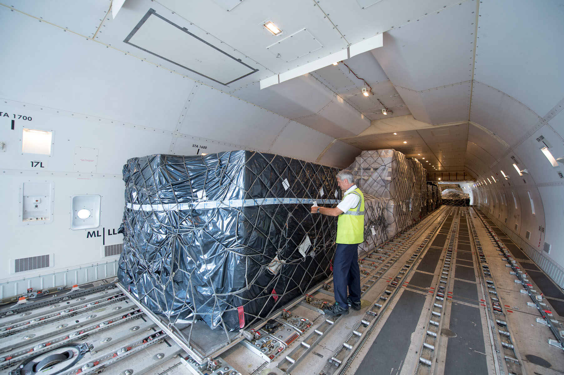 Heathrow Airport, cargo terminal, CargoLogicAir 747-83Q(F) interior of cargo hold, July 2017. Photo courtesy of Heathrow Airport.