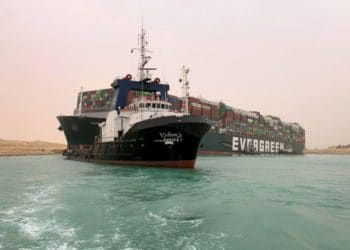 A handout picture released by the Suez Canal Authority on March 24, 2021 shows a part of the Taiwan-owned MV Ever Given (Evergreen), a 400-metre- (1,300-foot-) long and 59-metre wide vessel, lodged sideways and impeding all traffic across the waterway of Egypt's Suez Canal.  Photographer: Suez Canal Authority/Handout/AFP/Getty Images