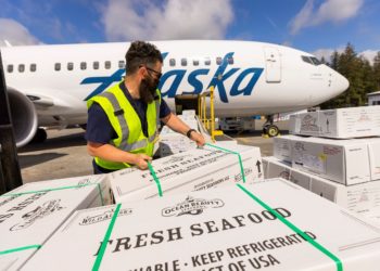 Alaska Air Cargo kicked off 2021's Copper River Salmon season with the first flight on May 18. Photo: Ingrid Barrentine/Alaska Airlines