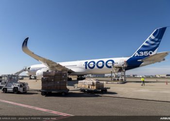 The A350-1000 unloading cargo in Toulouse, France. (Photo/Airbus)