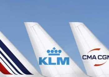 Three tail fins showing the Air France, KLM and CMA CGM logos