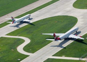 Heathrow Airport, aerial view of aircraft on taxiway.
