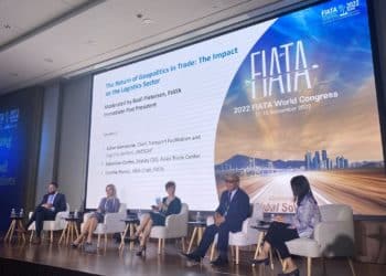 Panelists discuss multimodal transportation and the importance of trade data at the FIATA World Congress panel, "The Return of Geopolitics in Trade: The Impact on the Logistics Sector," in Busan, South Korea.
