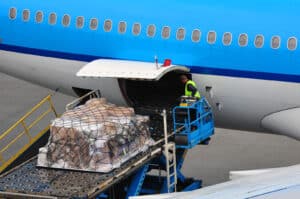 Cargo is loaded onto an airplane.