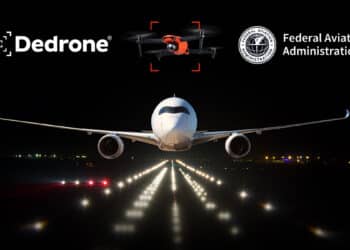 An airplane takes off from a runway underneath a drone, which is flanked by the Dedrone and FAA logos
