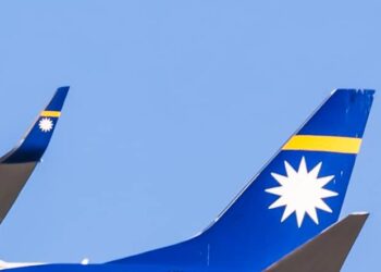 The tail of a Nauru Airlines plane