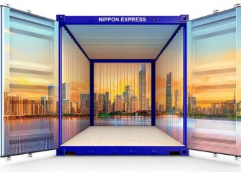 A container with a skyline reflected on it.