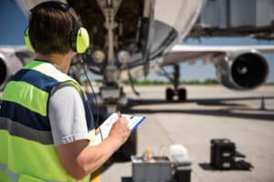 A ground handler fills out a checklist with a plane in the background