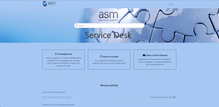 Screenshot of ASM's new service desk portal