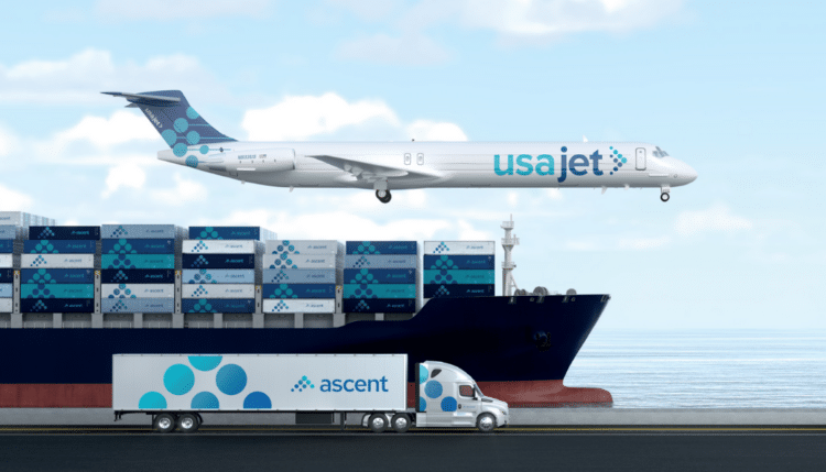An airplane, cargo ship and tractor trailer, each carrying Ascent's logo