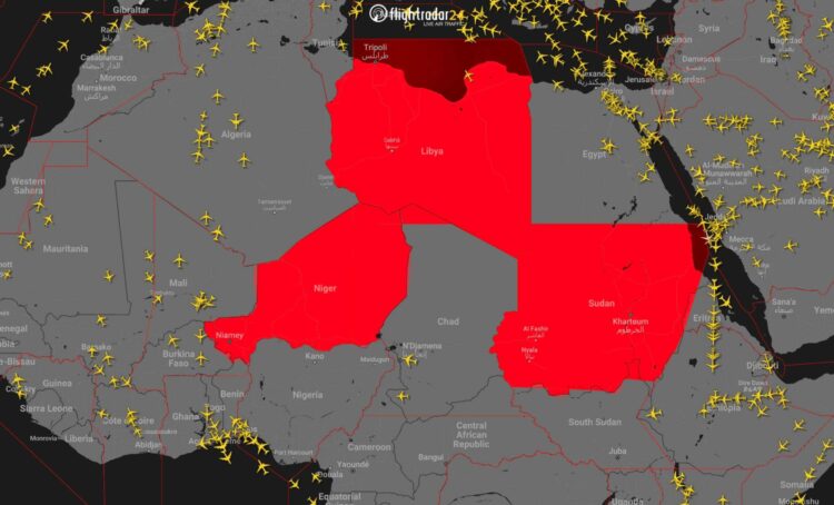 A map show adjusted plane routes with airspaces above Niger, Sudan and Libya closed