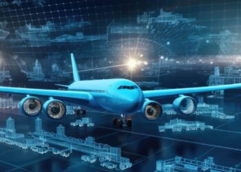 An airplane against a blue, digital background
