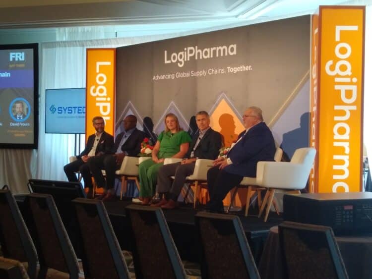 A panel discussion on geopolitical considerations for supply chain operations at LogiPharma 2023 in Boston