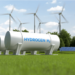 Hydrogen tanks in front of windmills