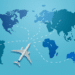 An airplane on a blue map with dotted lines connecting the plane to each populated continent
