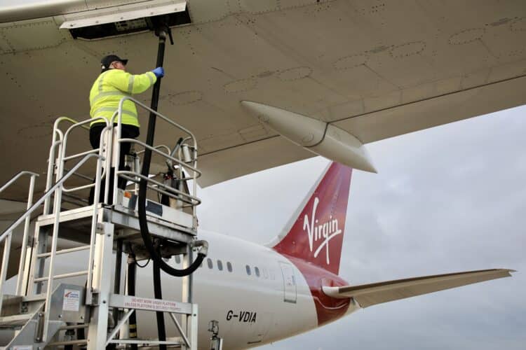 A Virgin Atlantic plane is being fueled