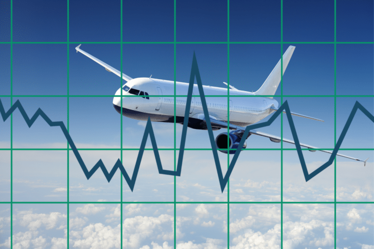 An airplane in the sky with a grid and line chart superimposed over it