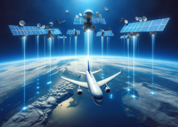 An airplane using satellites to navigate