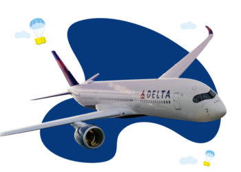 A Delta plane against a drawn background showing packages attached to parachutes