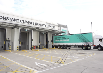 The exterior of an IAG Cargo Constant Climate station, where trucks dock to offload/onload cargo