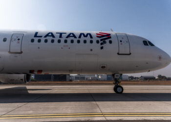 A Latam Airlines plane taxis on the tarmac