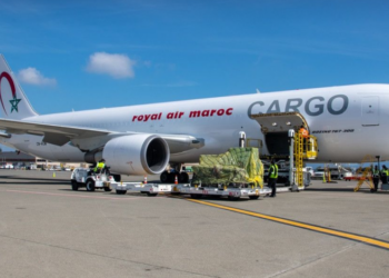 Ground handlers load cargo onto a Royal Air Maroc Cargo plane